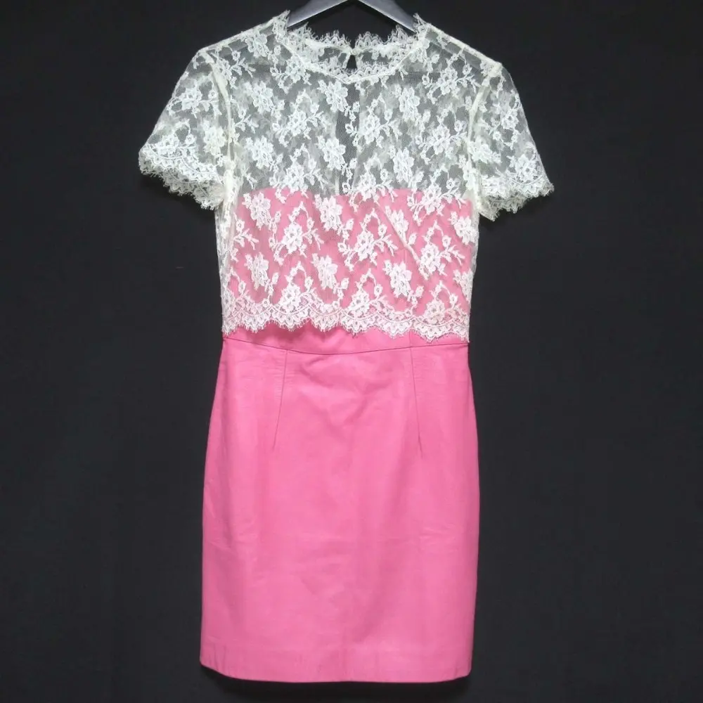 VALENTINO ヴァレンティノ ひざ上丈 ミニ丈 レース×ラムレザー ショートスリーブ ドッキング ドレス ワンピース 40 ピンク
