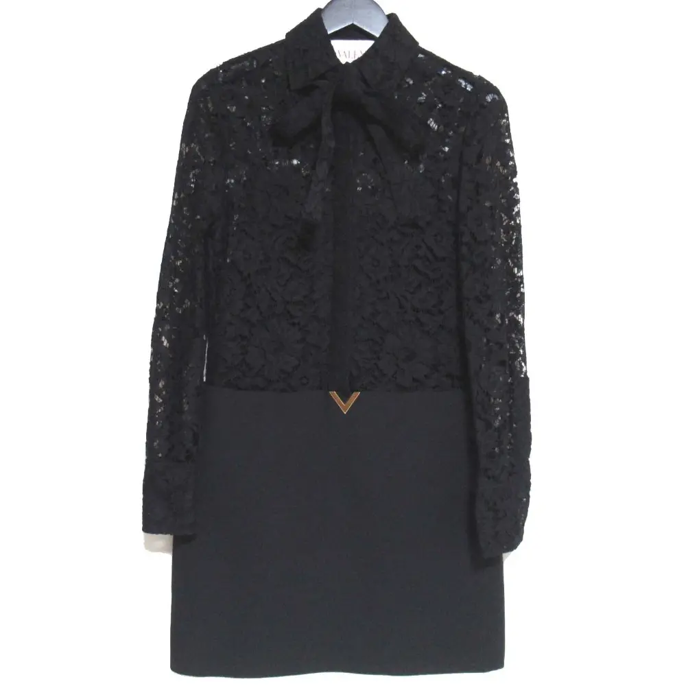 22AW VALENTINO ヴァレンティノ ひざ丈 ロングスリーブ レースドッキング ボウタイ ドレス ワンピース 42サイズ ブラック