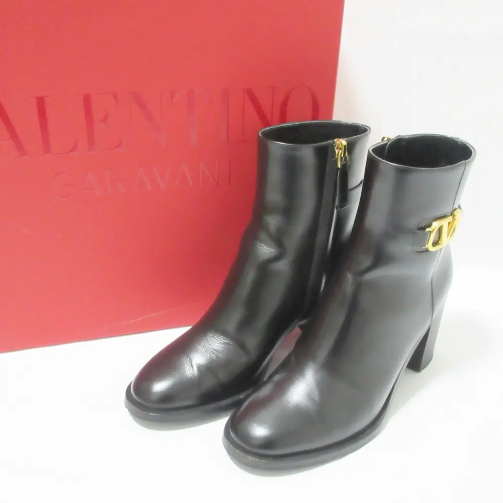 VALENTINO ヴァレンティノガラヴァーニ Vロゴシグネチャー カーフスキン アンクルブーツ ショートブーツ 36.5 約23.5cm ブラック