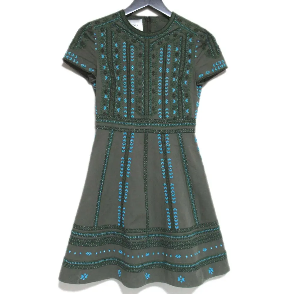 VALENTINO ヴァレンティノ ショートスリーブ 半袖 ひざ上丈 ビーズ刺繍 エンブロイダリー ワンピース ドレス 36 160/76A カーキ