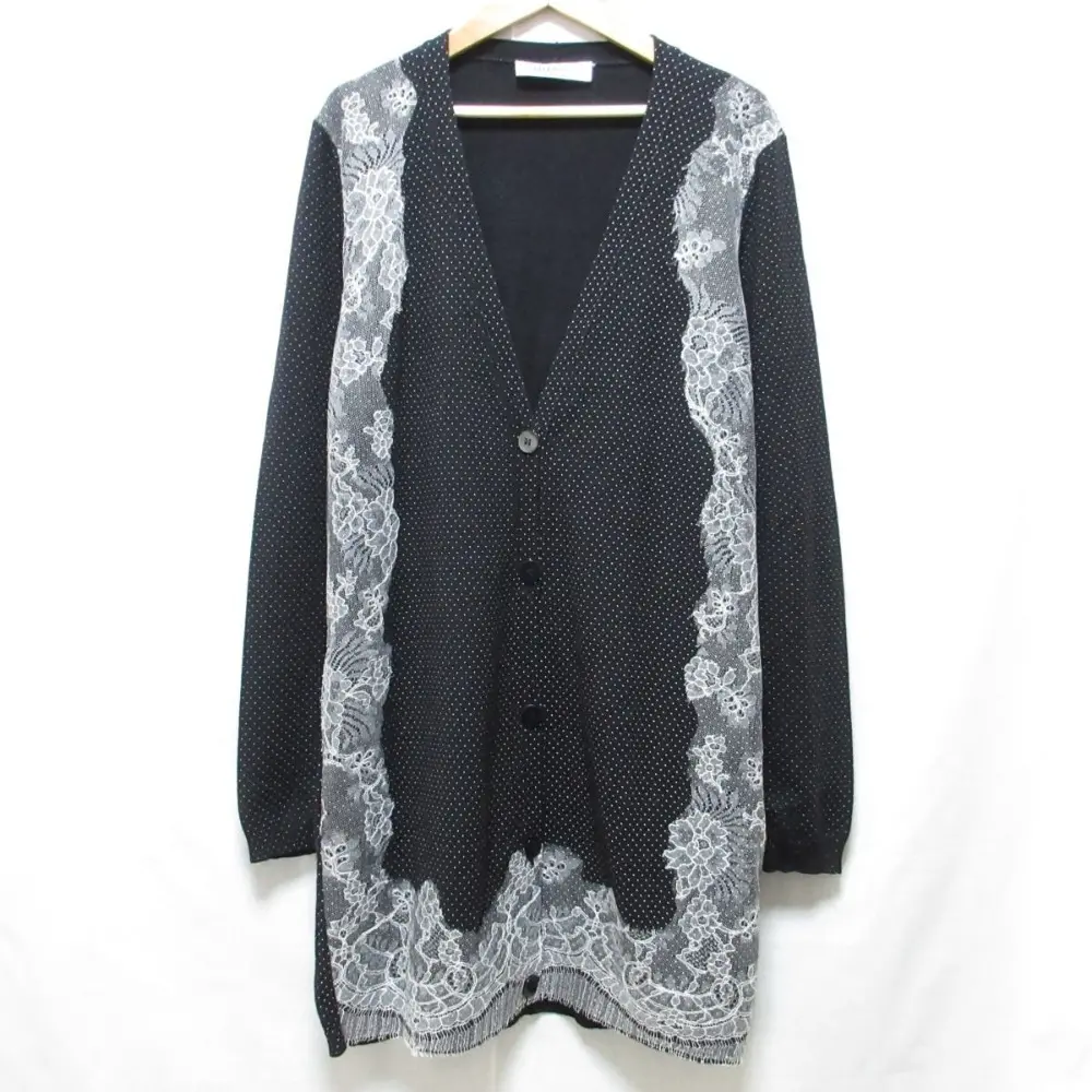 VALENTINO ヴァレンティノ ドット柄 レース シルク×カシミヤブレンド 長袖 Vネック ニット カーディガン XL ネイビー×ホワイト