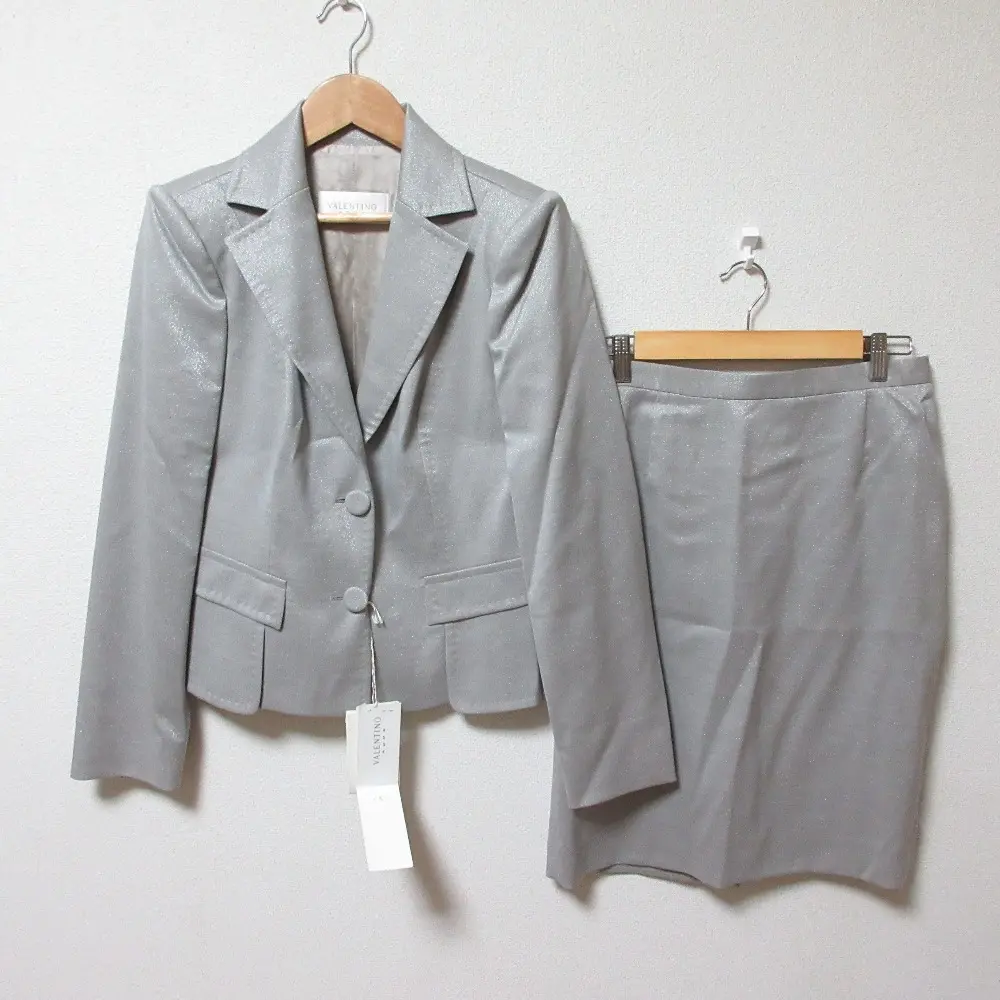 VALENTINO ROMA ヴァレンティノ ヴィンテージ ラメ シングルジャケット＋スカート スーツ セットアップ 42 シルバーグレー
