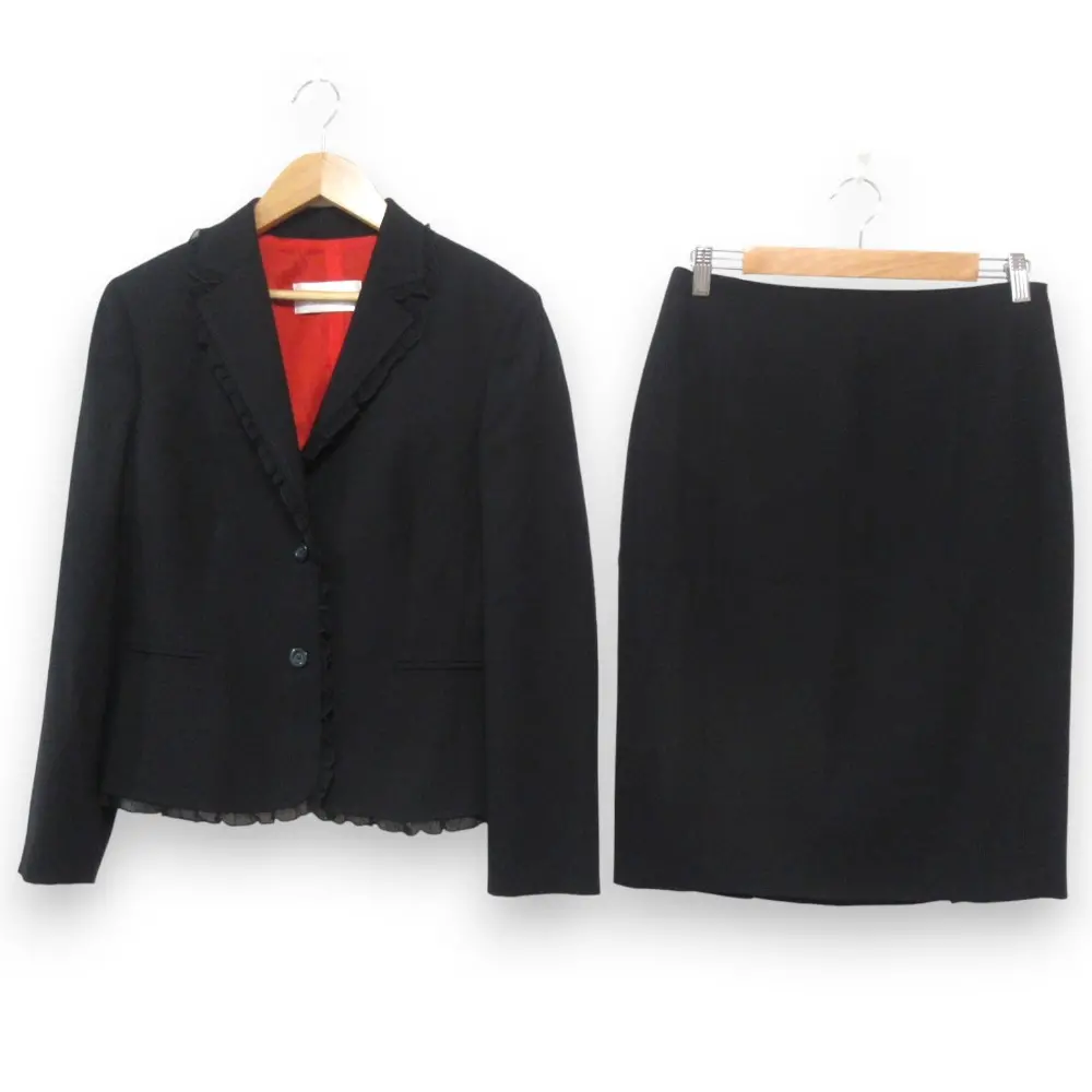 VALENTINO ヴァレンティノ フリル ジャケット+ミモレ丈スカート セットアップ スーツ ブラック×レッド