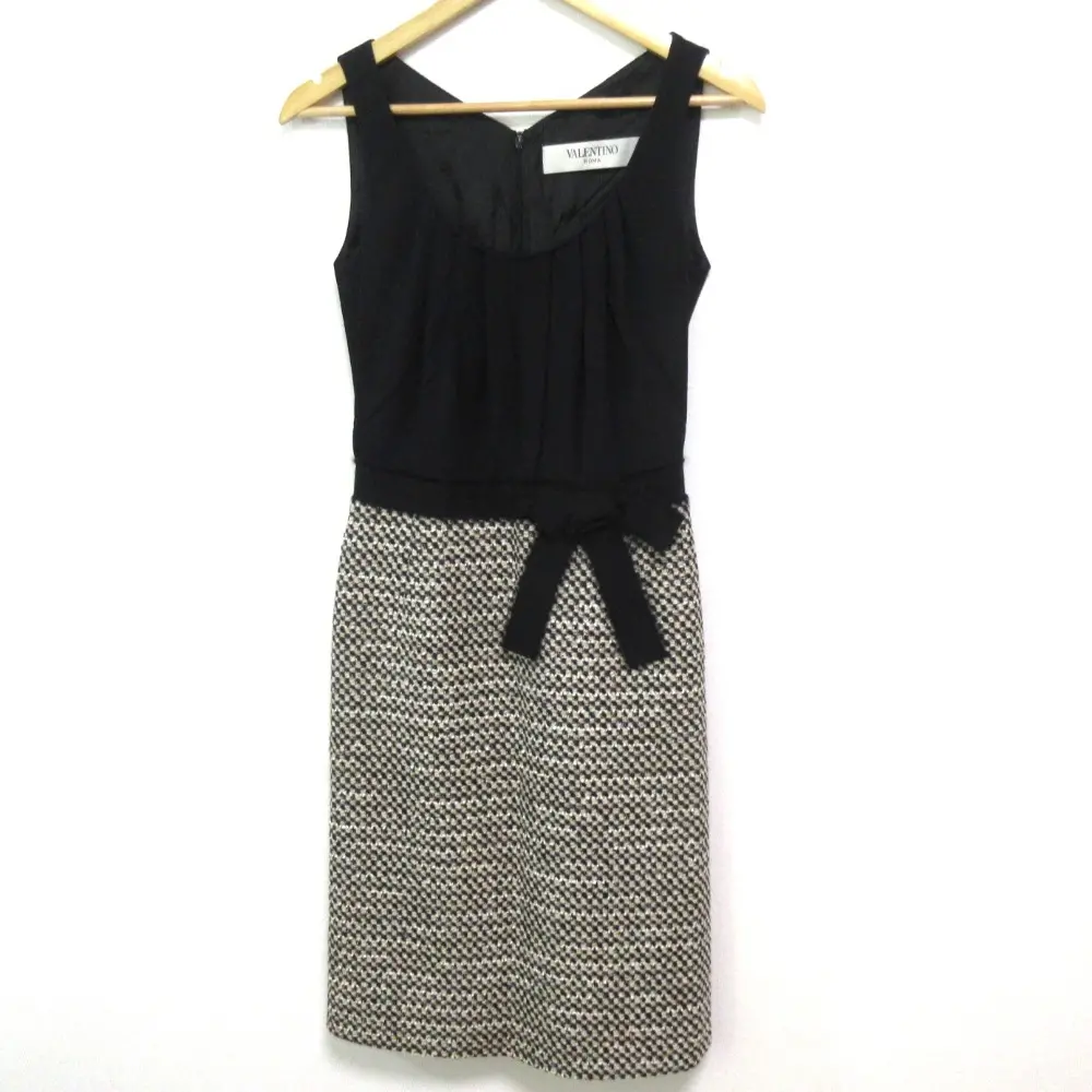VALENTINO ヴァレンティノ ウールブレンド ツイードコンビ Vネック ノースリーブ ミモレ丈ドレス ワンピース 40 ブラック系