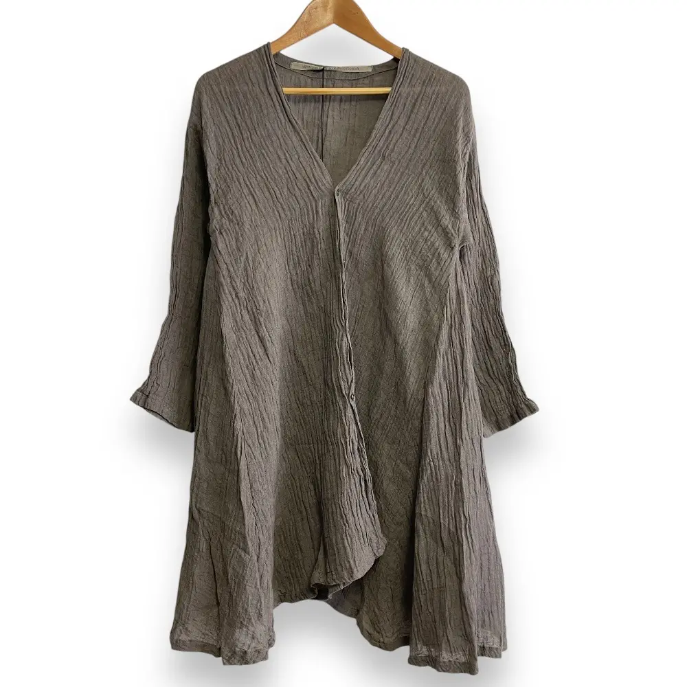 Veritecoeur ヴェリテクール リネンガーゼ Vネック ワッシャープリーツ ロングカーディガン F グレー