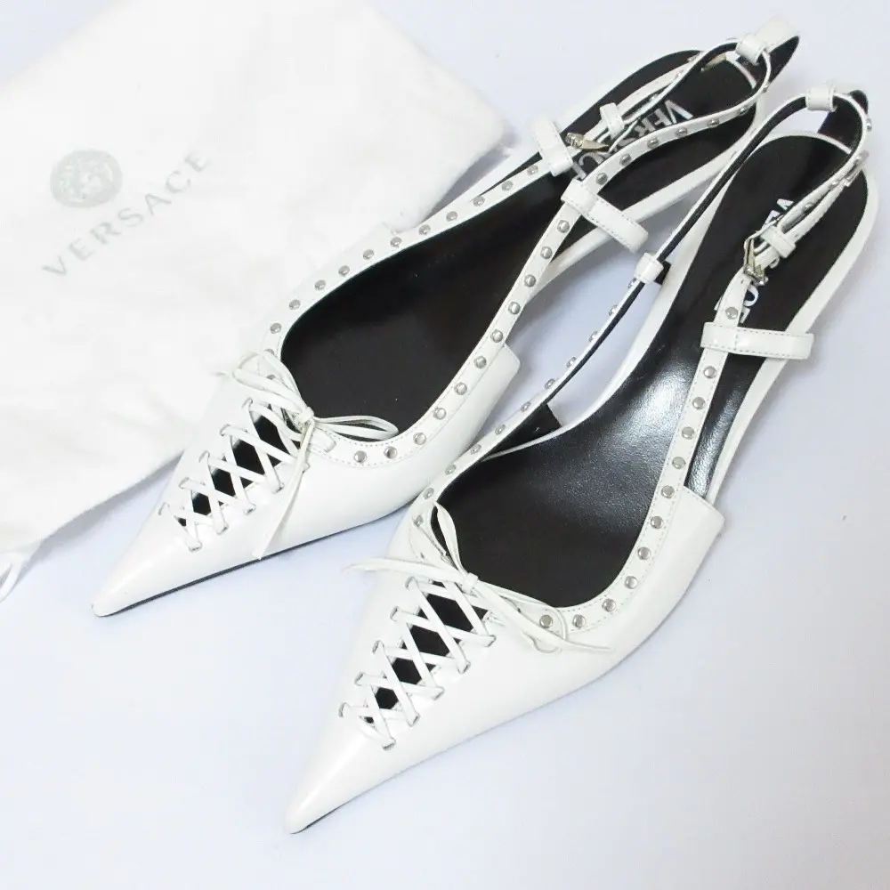 VERSACE ヴェルサーチ レースアップ ピンポイント ロー スリングバック ポインテッドトゥ パンプス 40 26.5cm相当 ホワイト