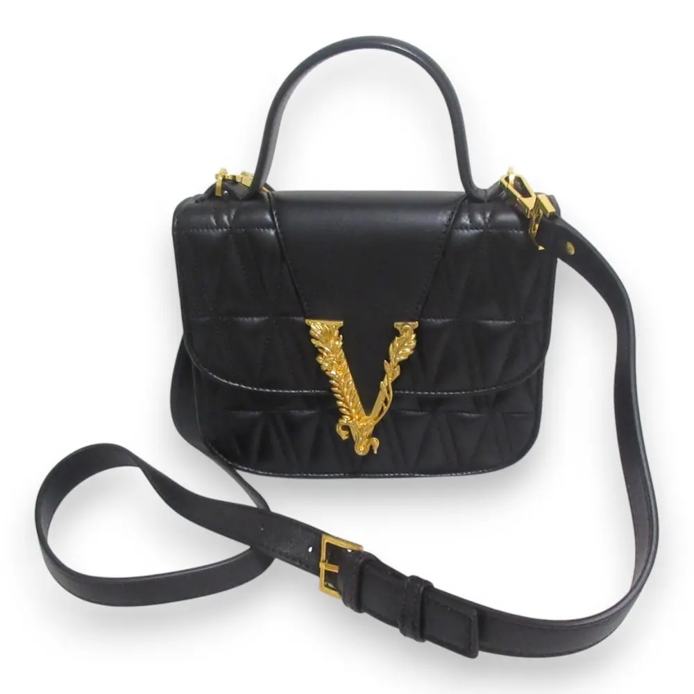 VERSACE ヴェルサーチ ヴェルサーチェ ヴェルトゥス レザー Vロゴ金具 ミニハンドバッグ ショルダーバッグ ブラック ゴールド