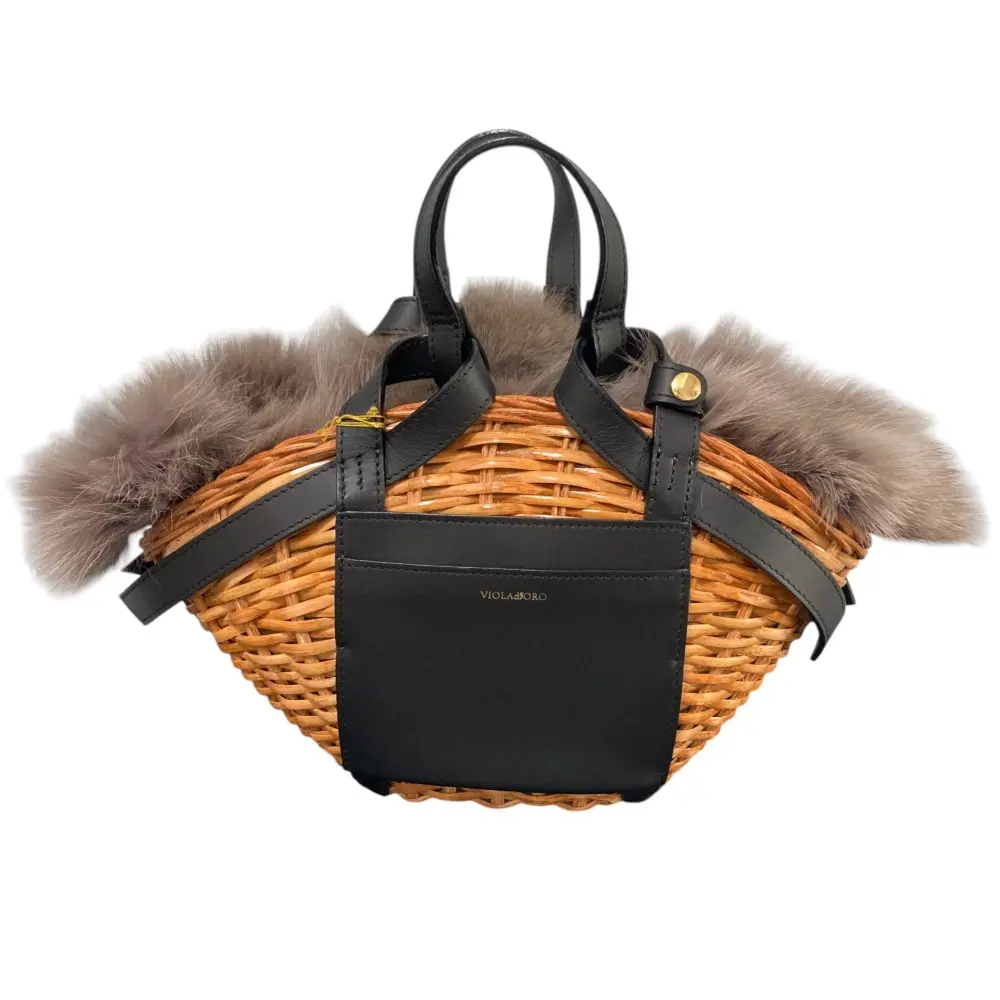 ヴィオラドーロ　ファー付きラタンカゴバッグ　フォックスファー VIOLAd'ORO (ヴィオラドーロ) フォックスファーカゴバッグCAMEL/MOCHA