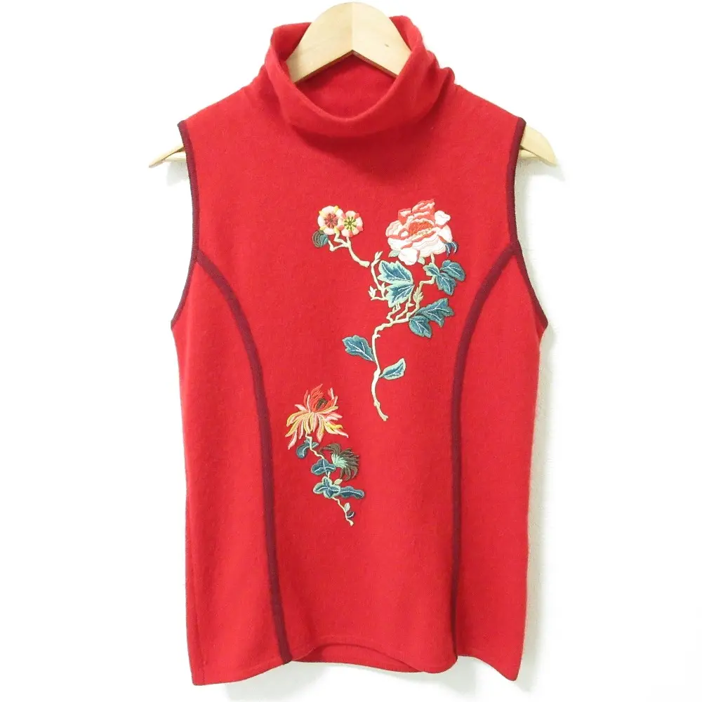 VIVIENNE TAM ヴィヴィアンタム フラワー刺繍 カシミア100％ ノースリーブ ハイネック ニット カットソー セーター 0 レッド