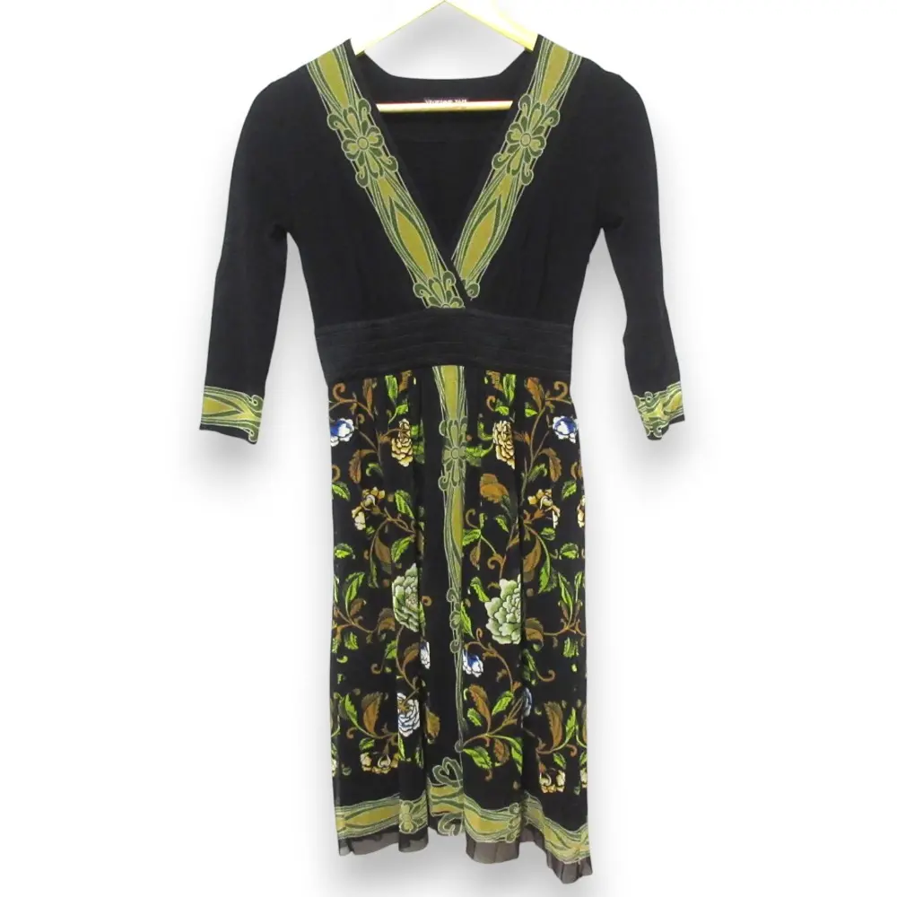 VIVIENNE TAM ヴィヴィアムタム パワーネット フラワー Vネック 長袖 ミモレ丈ワンピース XS ブラック系マルチカラー