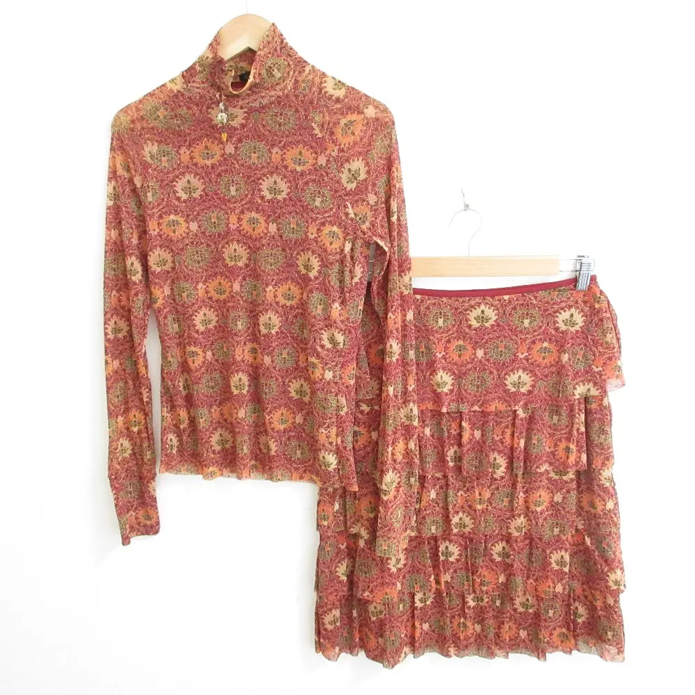 Vivienne Tam ヴィヴィアンタム パワーネット ハイネック カットソー+ティアードスカート セットアップ サイズ1 ボルドー