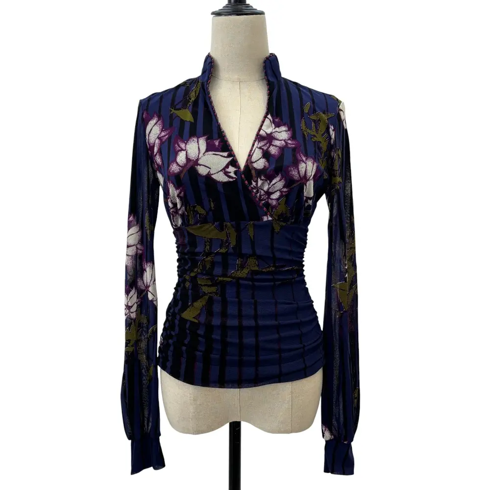 VIVIENNE TAM ヴィヴィアンタム パワーネット フラワープリント 長袖 カシュクール ブラウス サイズ0 ブルー