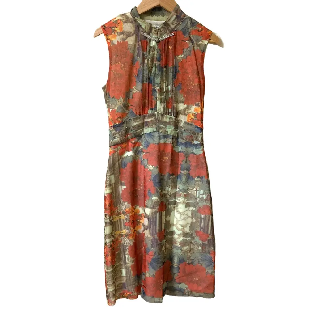 VIVIENNE TAM ヴィヴィアンタム パワーネット フラワープリント ノースリーブ ワンピース サイズ0 レッド ベージュ