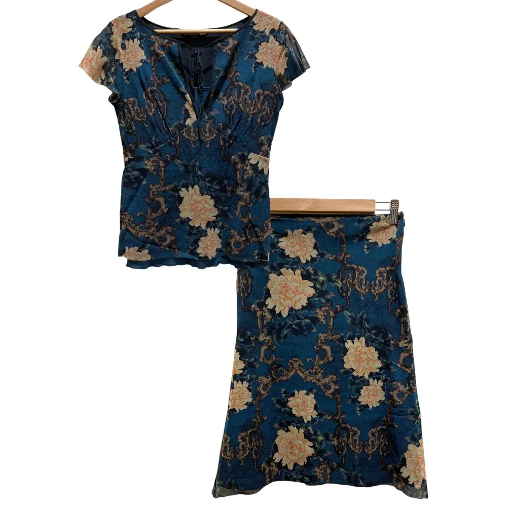 VIVIENNE TAM ヴィヴィアンタム フラワー柄パワーネット ブラウス スカート セットアップ SIZE1 ネイビー