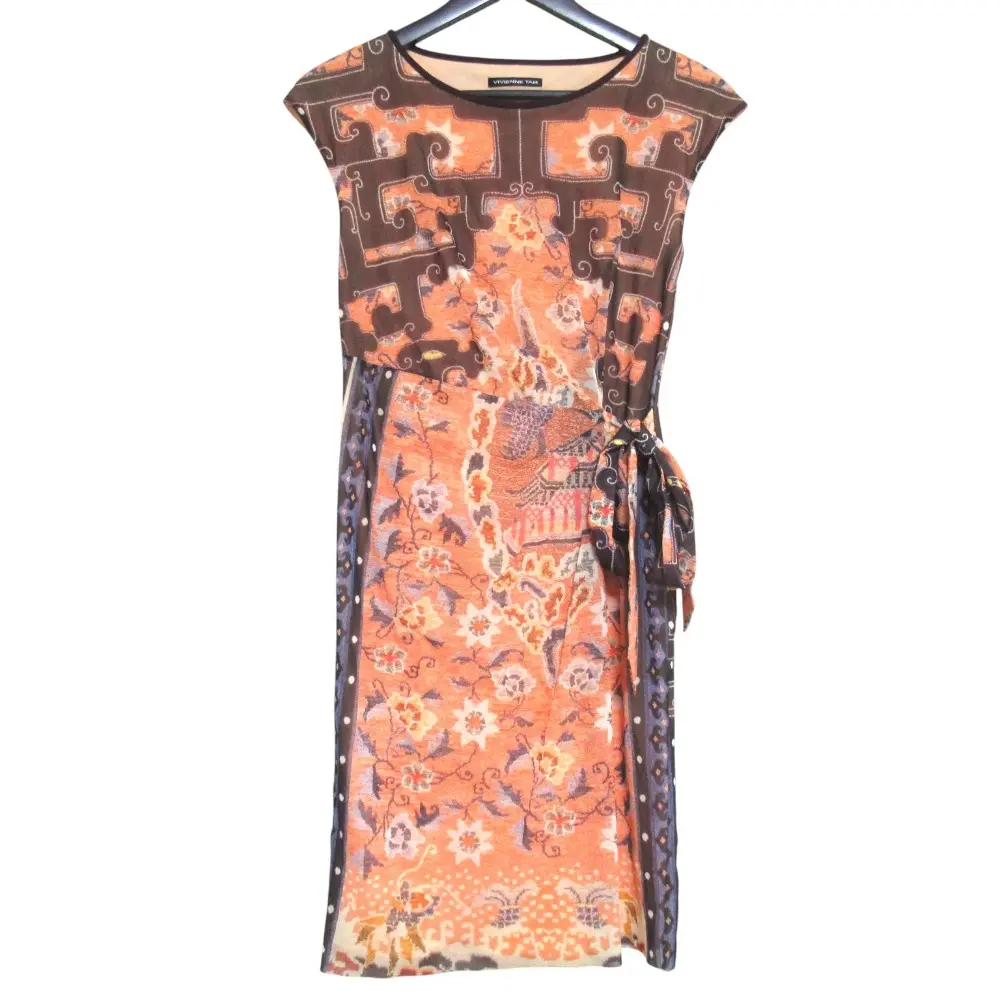 VIVIENNE TAM ヴィヴィアンタム 総柄 ひざ丈 パワーネット ベルテッド フレンチスリーブ ワンピース サイズ38 オレンジ系