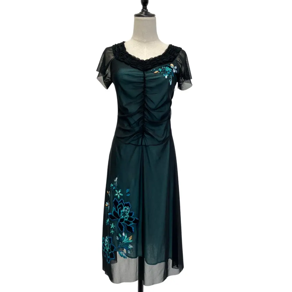 VIVIENNE TAM ヴィヴィアンタム パワーネット フラワー刺繡 ビジュー シャーリング ドレス ワンピース 1 ブラック