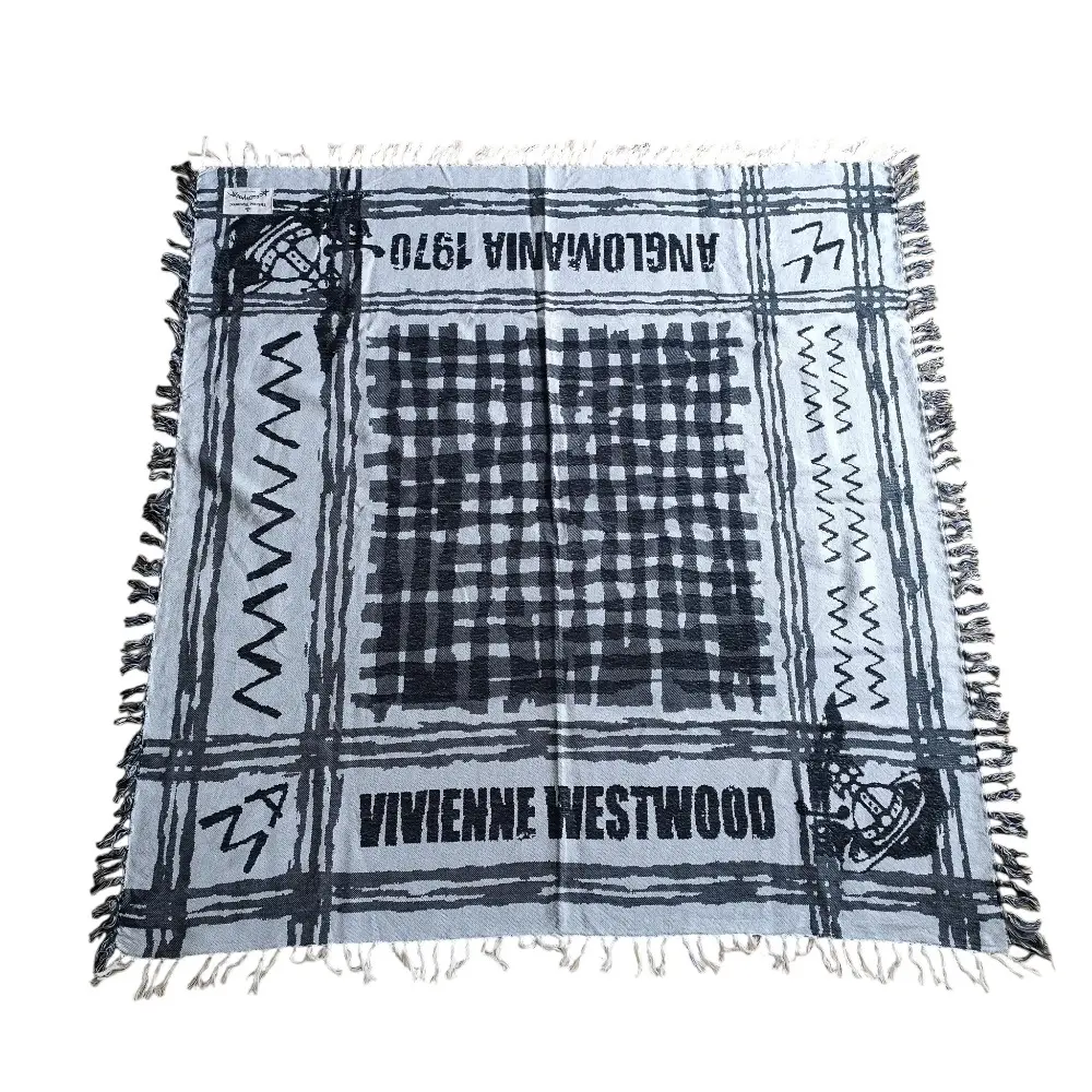 Vivienne Westwood ヴィヴィアンウエストウッド アングロマニア オーブ 大判 フリンジストール マフラー ブラック×ホワイト