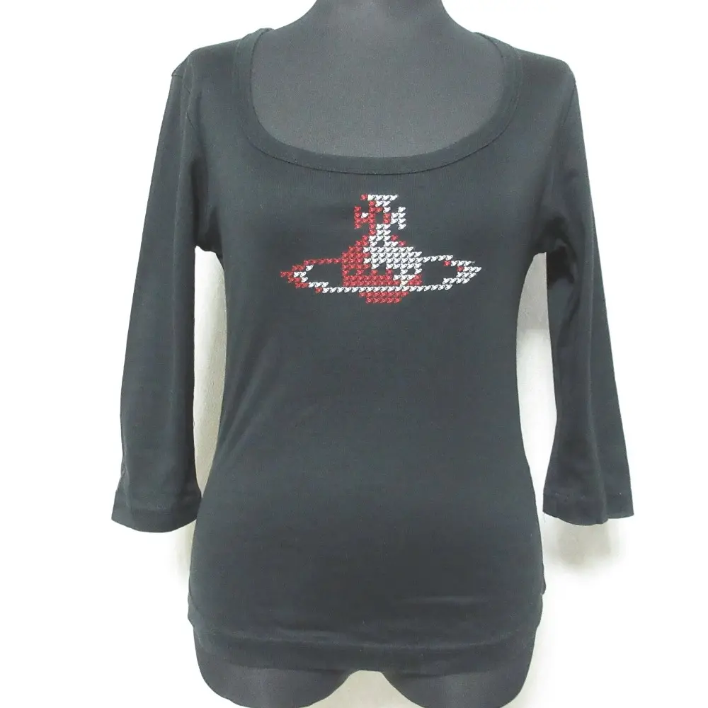 Vivienne Westwood RED LABEL ヴィヴィアンウエストウッド オーブ刺繍 ワイドネック 七分袖 カットソー Tシャツ 2 ブラック