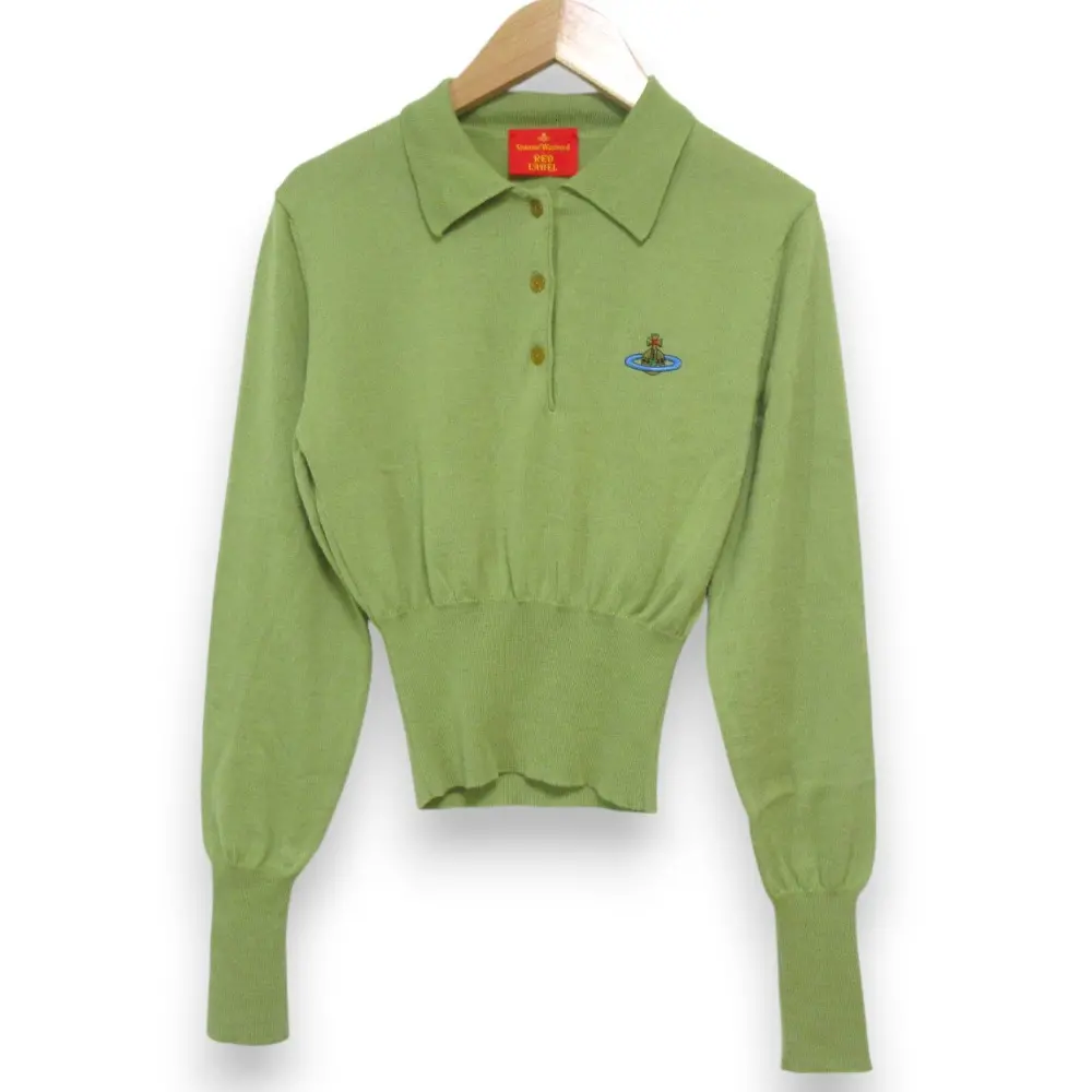 ヴィヴィアンウエストウッド レッドレーベル ウール100％ オーブ刺繍 ハーフボタン 長袖 ニット カットソー S グリーン