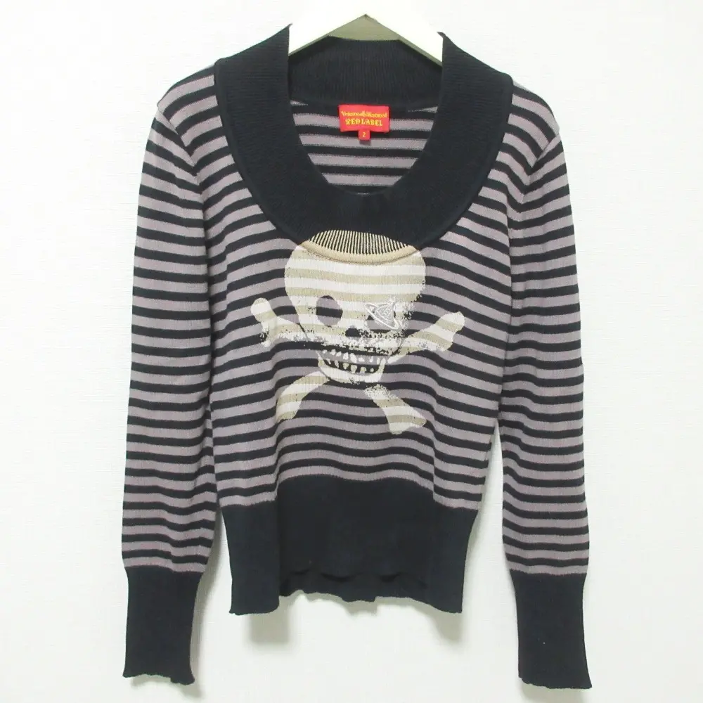 クリーニング済 Vivienne Westwood ヴィヴィアンウエストウッドレッドレーベル ボーダー スカル オーブ刺繍 ニット 2 グレー