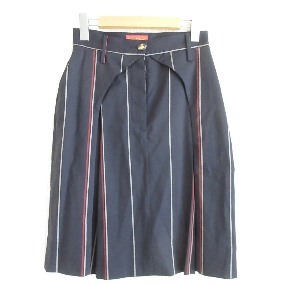 Vivienne Westwood RED LABEL ヴィヴィアンウエストウッドレッドレーベル ストライプ柄 ひざ丈 オーバルタック スカート 40 ネイビー