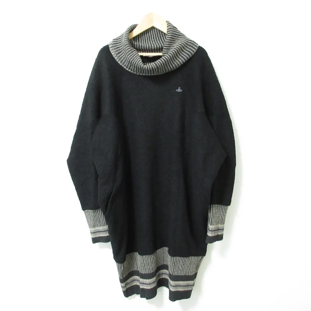 ヴィヴィアンウエストウッドレッドレーベル ボーダー ウール  ブークレ タートルネック 長袖 ひざ丈 ニット ワンピース 2 ブラック