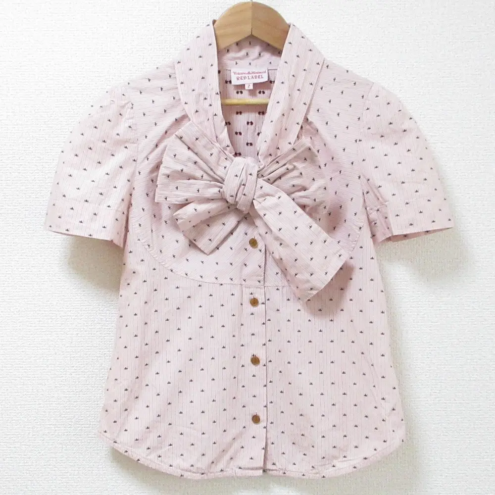 Vivienne Westwood ヴィヴィアンウエストウッドレッドレーベル オーブ 刺繍 リボンカラー 半袖 ブラウス シャツ 2 ピンク