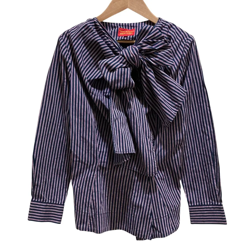 Vivienne Westwood RED LABEL ヴィヴィアンウエストウッドレッドレーベル リボン付き ストライプシャツ ブラウス SIZE1 ネイビー
