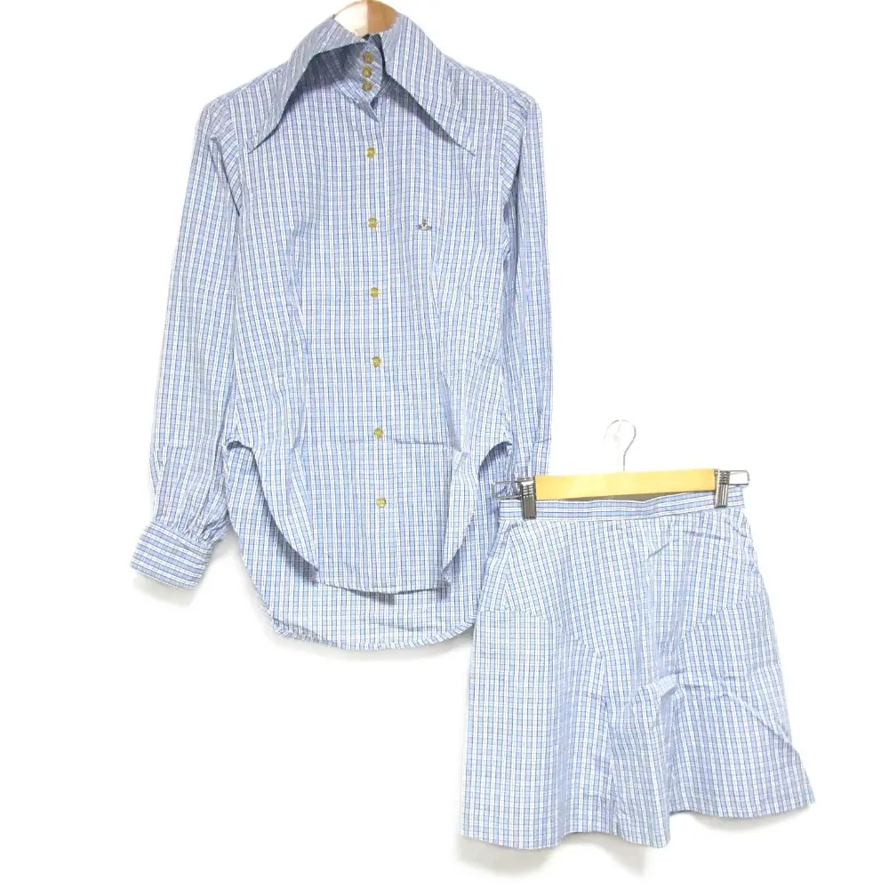90’S Vivienne Westwood ヴィヴィアンウエストウッド ヴィンテージ チェックシャツ+ミニスカート セットアップ 1/40 ライトブルー