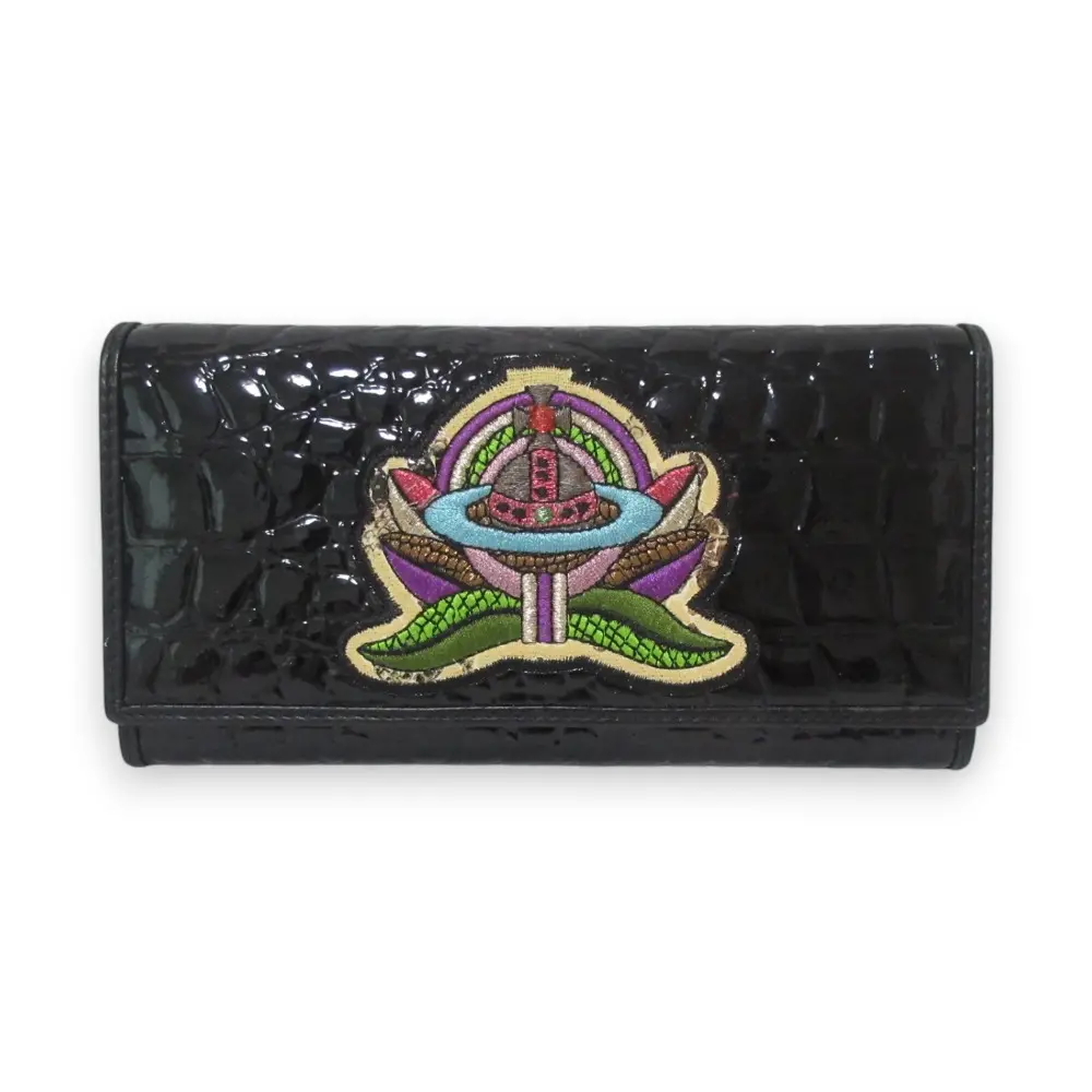 Vivienne Westwood ヴィヴィアンウエストウッド オーブ刺繍 クロコ型押しレザー 長財布 ロングウォレット ブラック