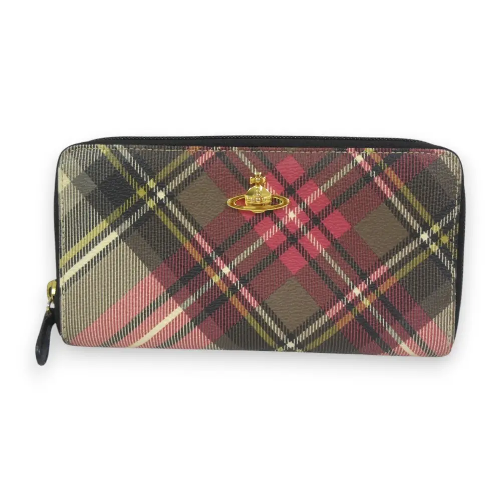 Vivienne Westwood ヴィヴィアンウエストウッド チェック柄 オーブ金具 ラウンドファスナー 長財布 ピンク グレー系