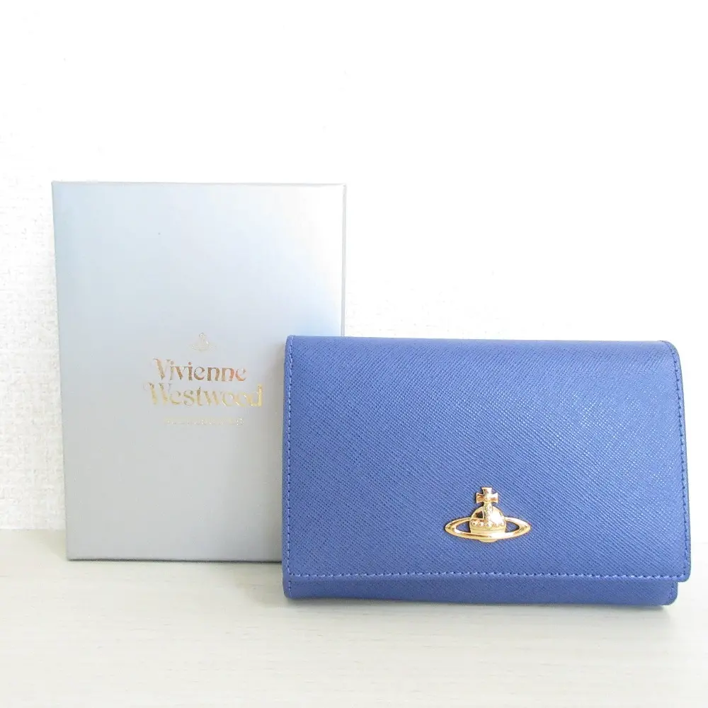 Vivienne Westwood ヴィヴィアンウエストウッド サフィアーノレザー メタルオーブ コンパクトウォレット 二つ折り 財布 ブルー