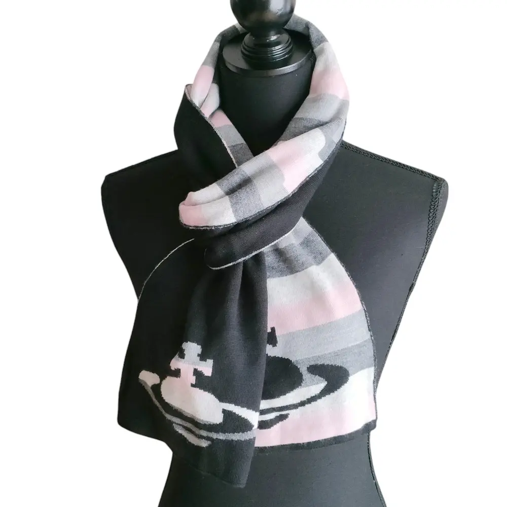 vivienne westwood ACCESSORIES ヴィヴィアンウエストウッド ウールブレンド オーブロゴ ボーダー柄 ニットマフラー ブラック
