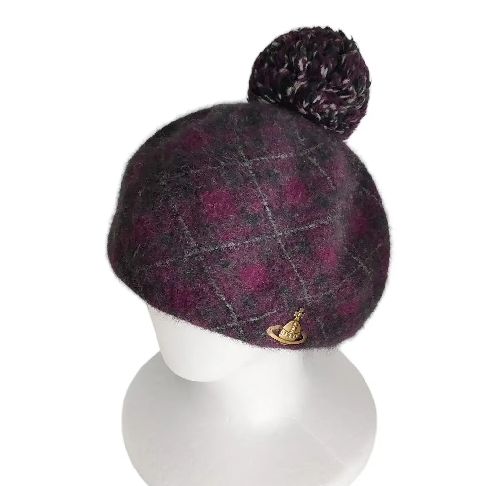 Vivienne Westwood ヴィヴィアンウエストウッド アンゴラ×ウール メタルオーブ チェック柄 ベレー帽 帽子 S～M パープル