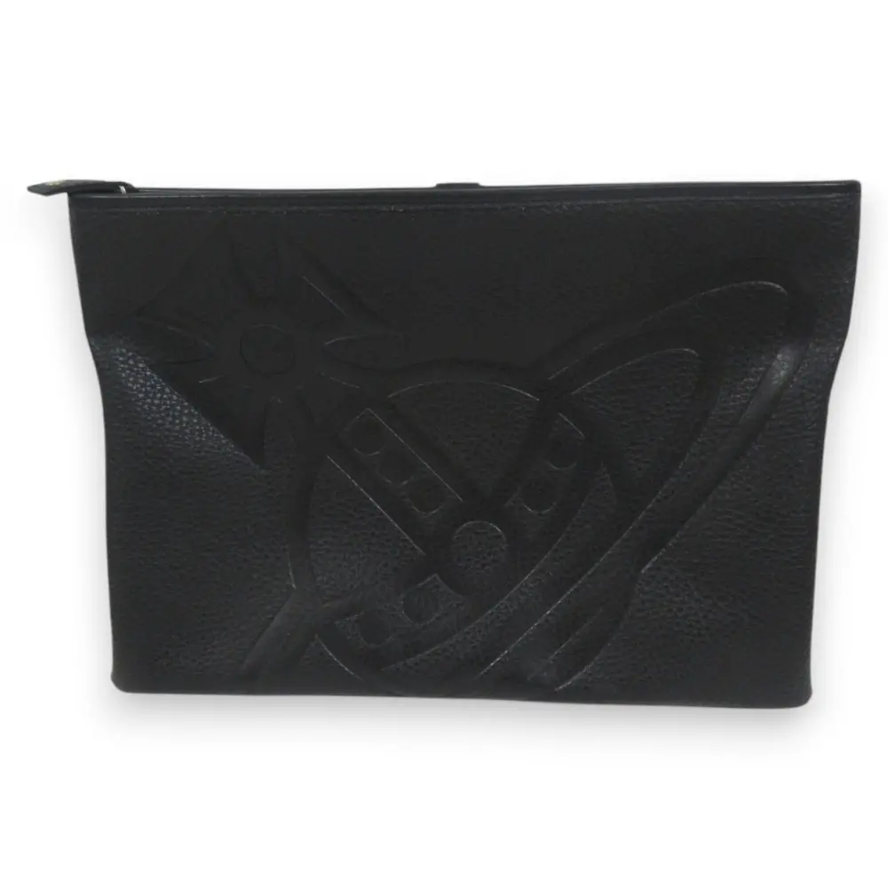 Vivienne Westwood ヴィヴィアンウエストウッド ハミルトン レザー 型押し エンボスオーブ クラッチバッグ ブラック×シルバー金具