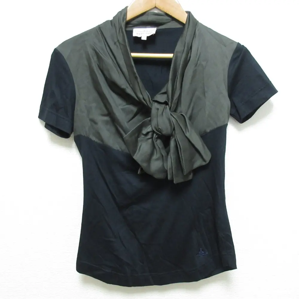 Vivienne Westwood ヴィヴィアンウエストウッド レッドレーベル ショートスリーブ バイカラー リボン カットソー 2 カーキ 