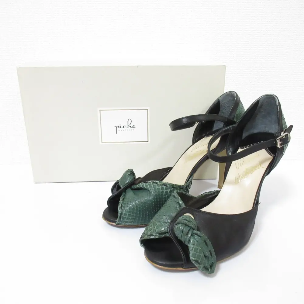 Vivienne Westwood ヴィヴィアンウエストウッド リザード レザーアンクルストラップサンダル 36 1/2 約23.5cm ブラック グリーン