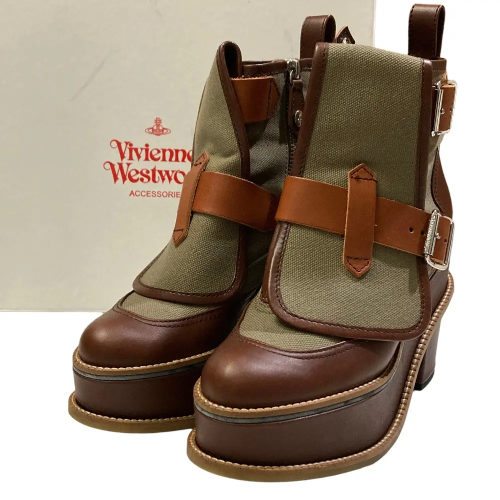 Vivienne Westwood ヴィヴィアンウエストウッド キャンバス レザー ショートブーツ SIZE38 24cm相当 カーキ ブラウン