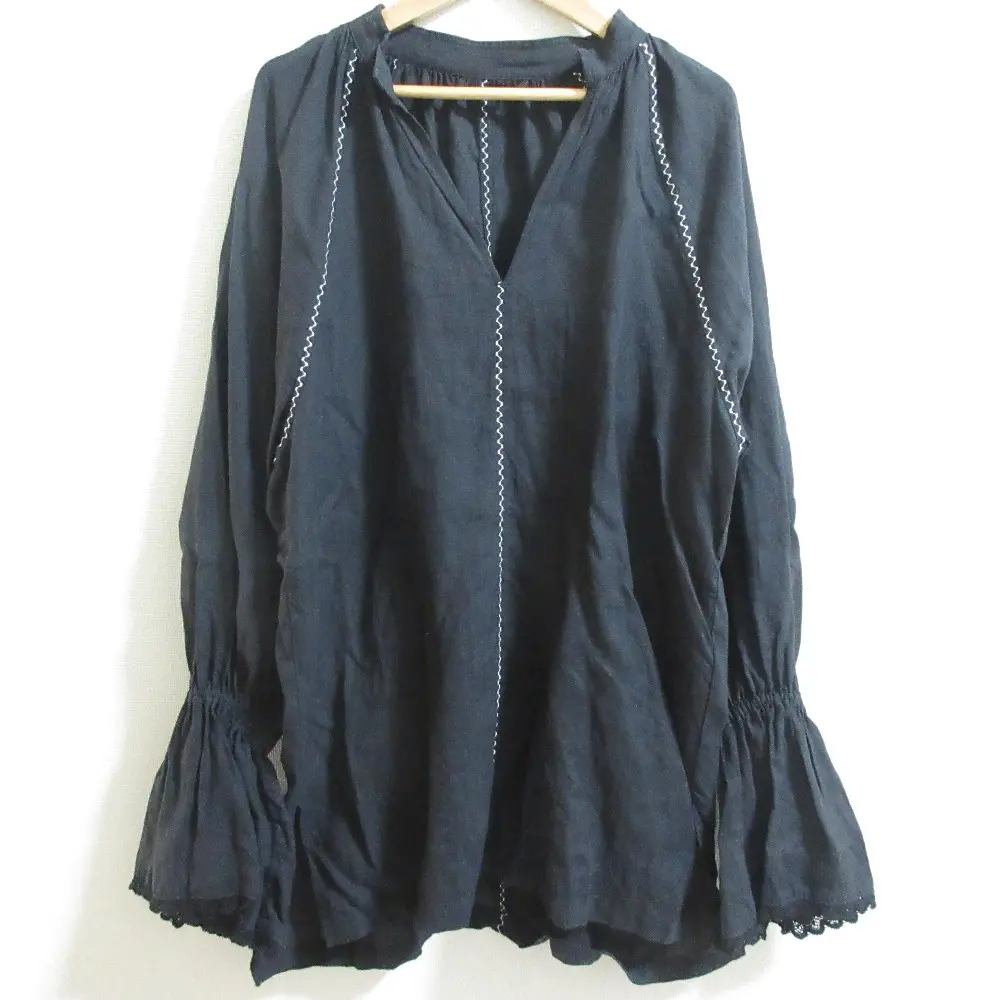 24SS Whim Gazette ウィムガゼット 刺繍シャツ リネン プルオーバー スキッパー ブラウス WGZ1041304A0012 サイズF ブラック