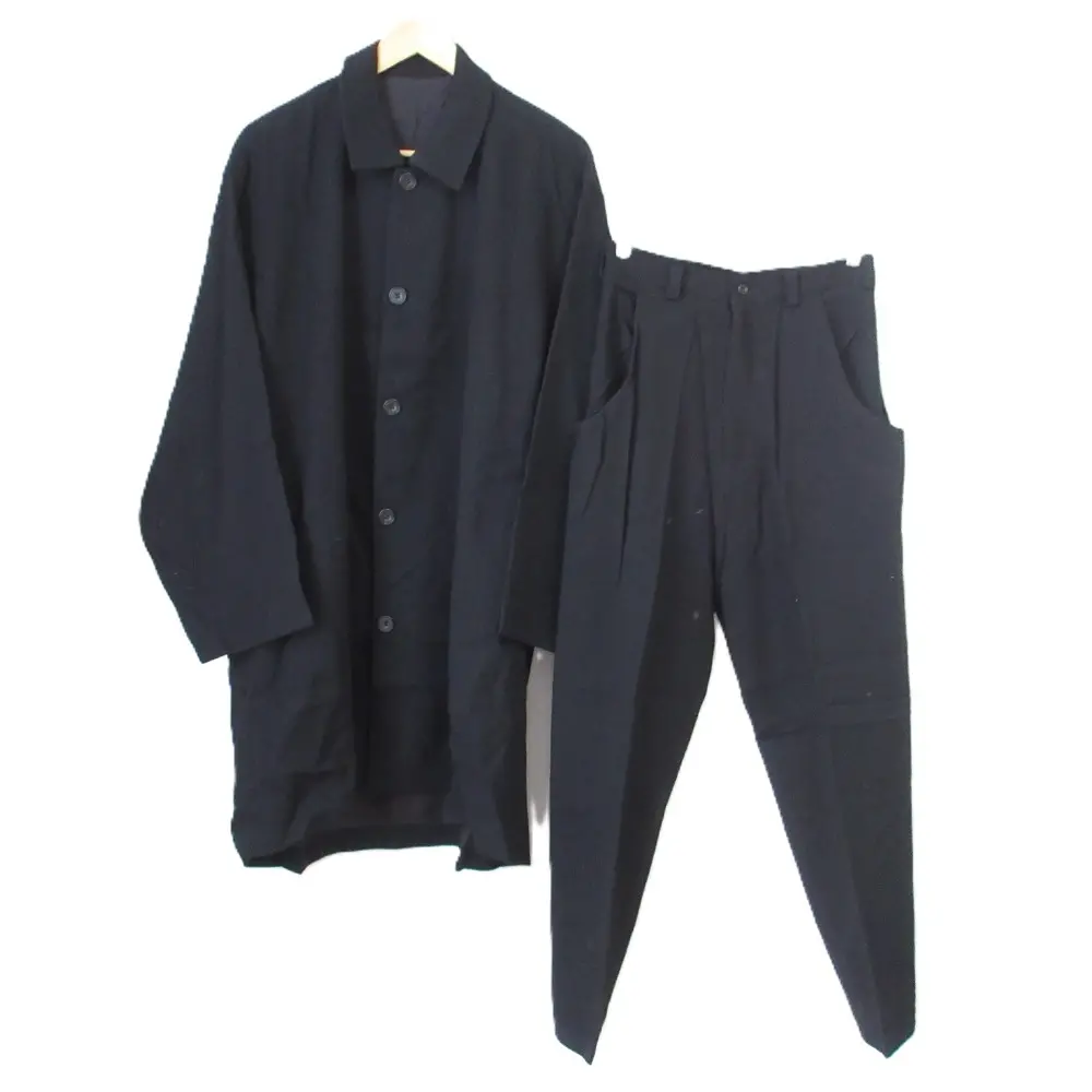 Y's ワイズ Yohji Yamamoto ヨウジヤマモト ウール ステンカラーコート タックテーパードパンツ セットアップ ブラック