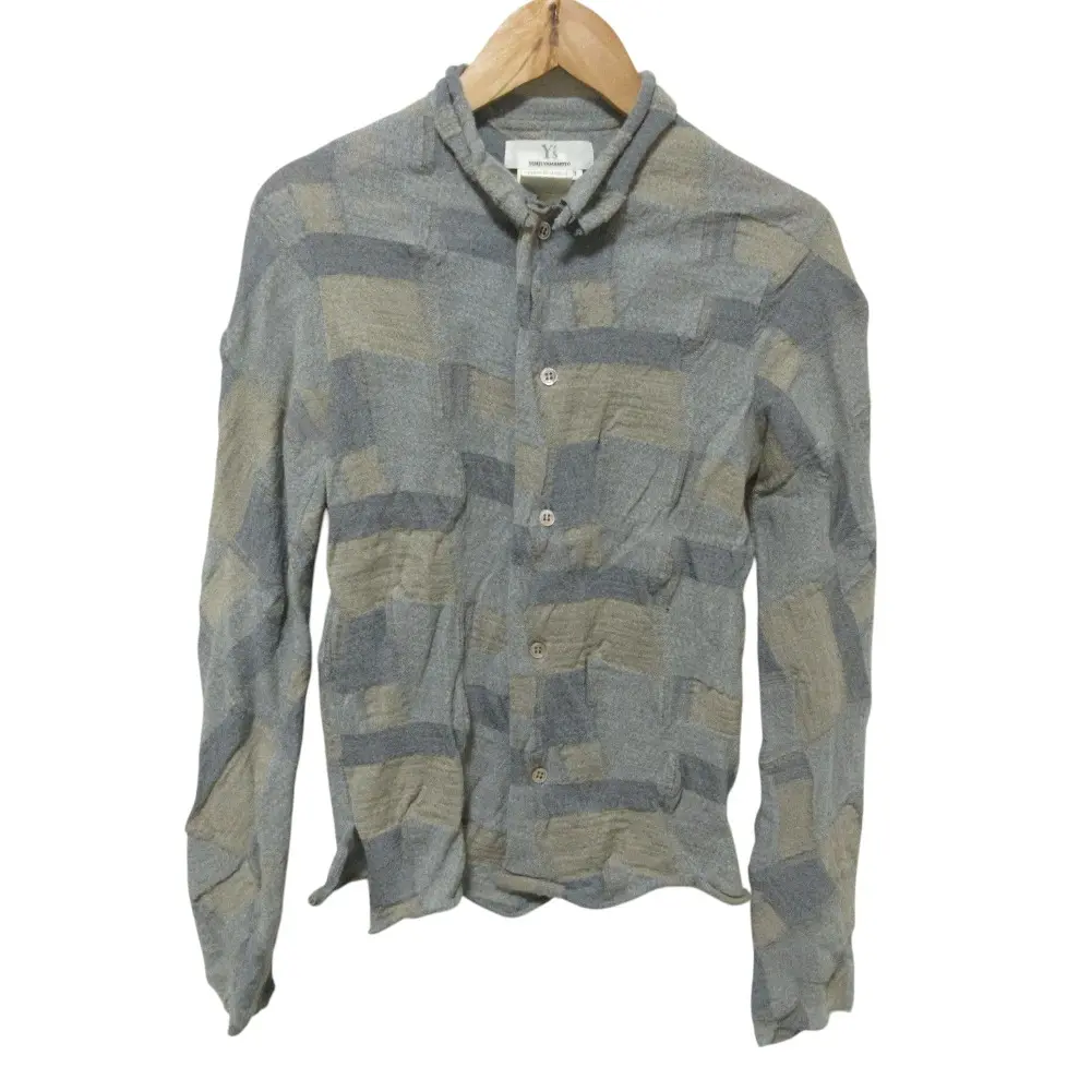 Y's Yohji Yamamoto ワイズ ヨウジヤマモト パッチワーク風 ウール ロングスリーブ シャツ ブラウス 3 グレー ベージュ