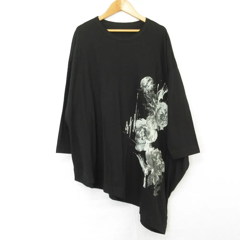 Y's ワイズ ヨウジヤマモト COTTON JERSEY FLOWER PRINT ASYMMETRIC DRAPE T オーバーサイズ Tシャツ YB-T03-670 2 ブラック