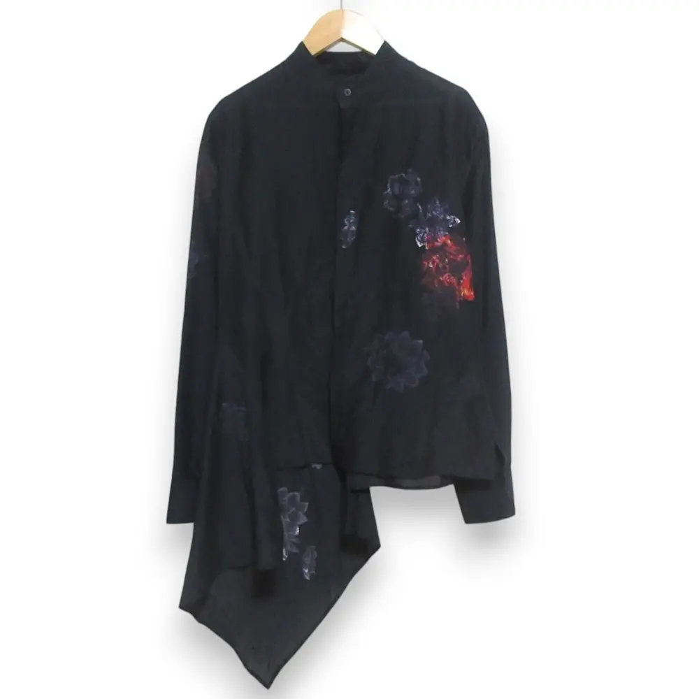 24SS Yohji Yamamoto ヨウジヤマモト c/s flower color asymmetric flare blouse シルクブレンド 長袖 ブラウス シャツ 1 ブラック
