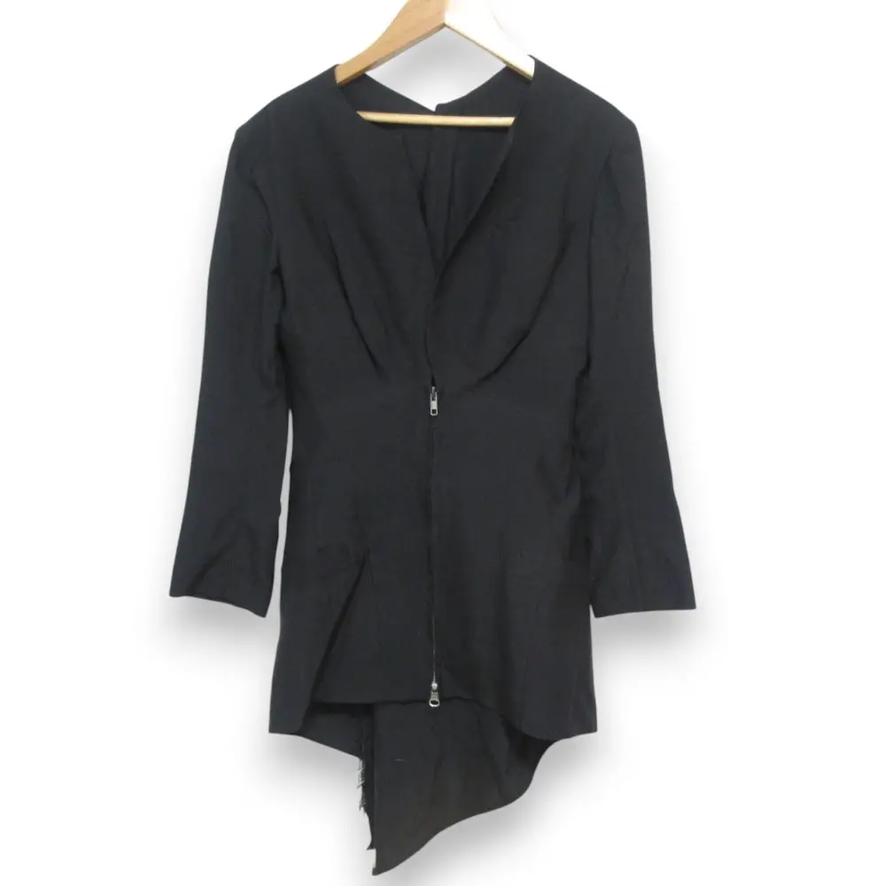 99SS Yohji Yamamoto ヨウジヤマモト シルク100％ アシンメトリーヘム バックスリット ノーカラージップジャケット XS ブラック