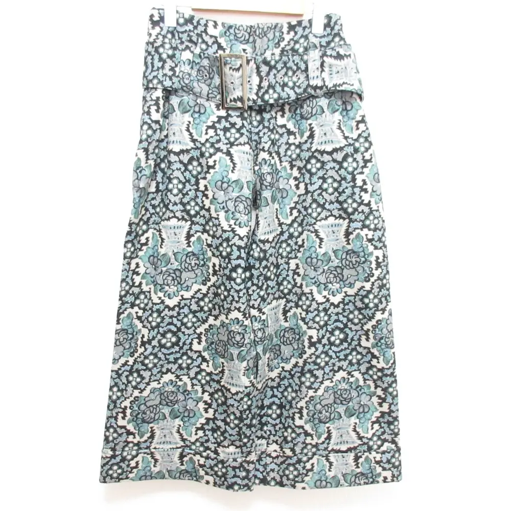 04AW Yohji Yamamoto ヨウジヤマモト 花柄 ウール ベルテッドワイドパンツ FJ-P14-141 サイズ1 ブルー×ブラック