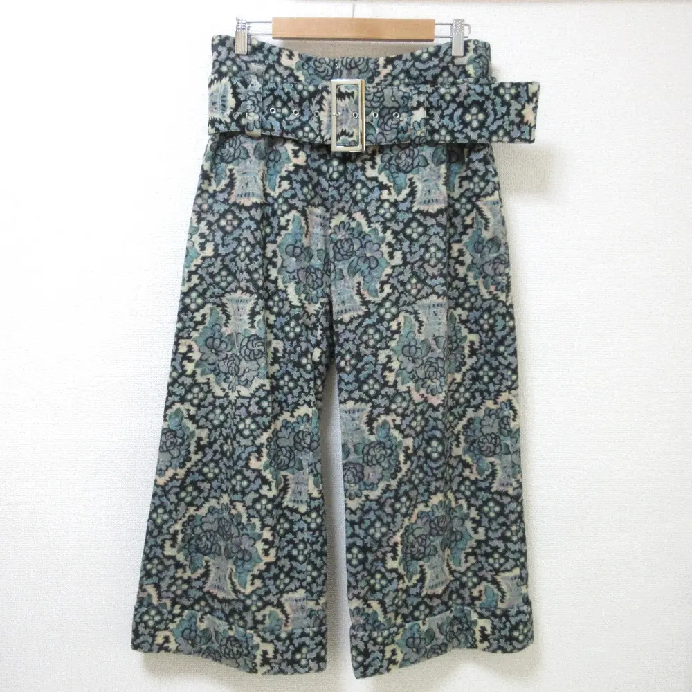 04AW Yohji Yamamoto ヨウジヤマモト フラワープリント ウール ベルテッドワイドパンツ FJ-P14-142 サイズ1 ブラック×ブルー