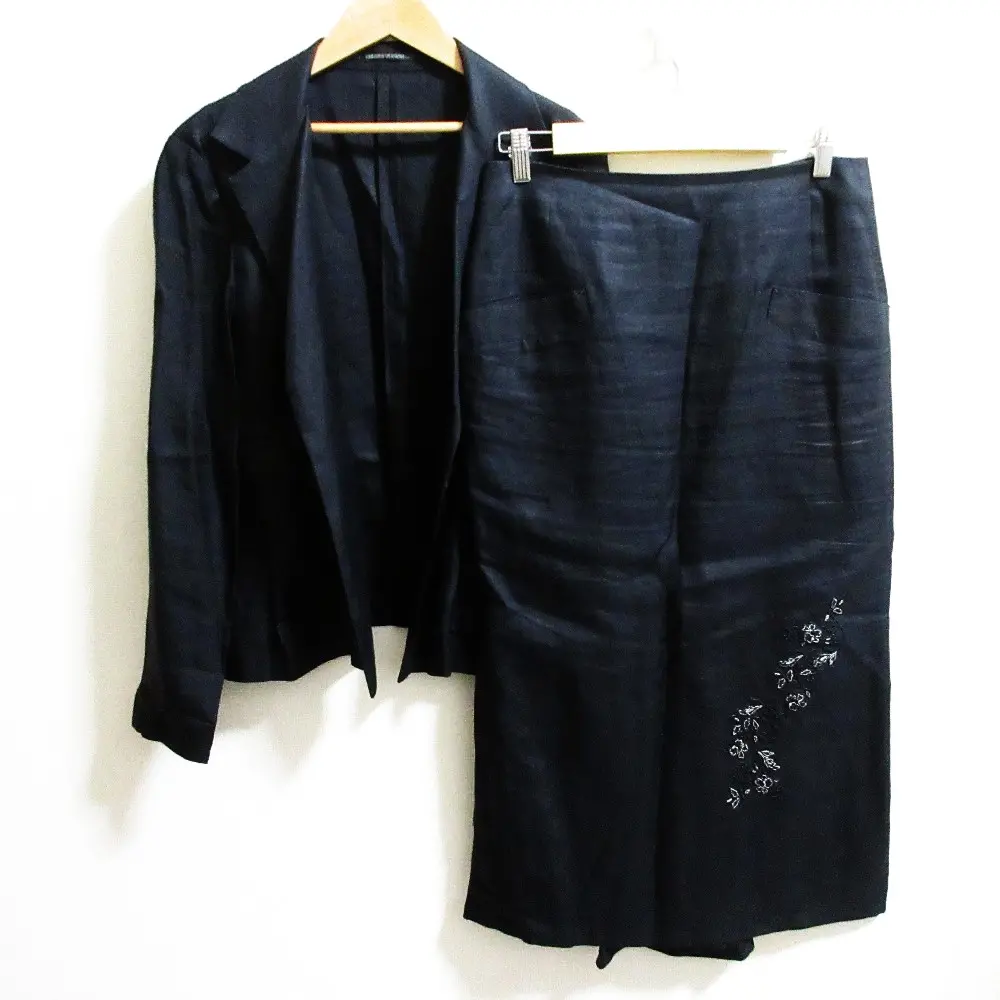 Yohji Yamamoto ヨウジヤマモト 刺繍 オープンフロントジャケット リネンロングスカート セットアップ サイズ2 ブラック
