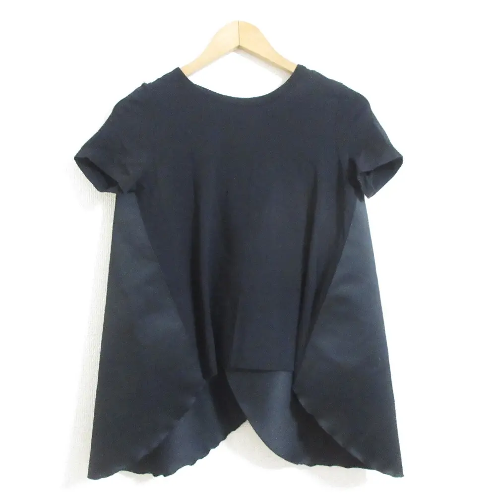 YOKOCHAN ヨーコチャン 異素材 ドッキング イレヘム 半袖 クルーネック カットソー Tシャツ ブラウス YCT-218-023 38 ブラック