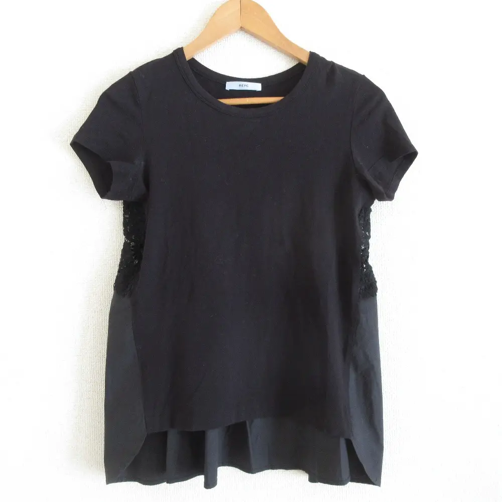 REYC YOKO CHAN リック ヨーコチャン バックレース ショートスリーブ 半袖 クルーネック ドッキングカットソー Tシャツ 36 ブラック