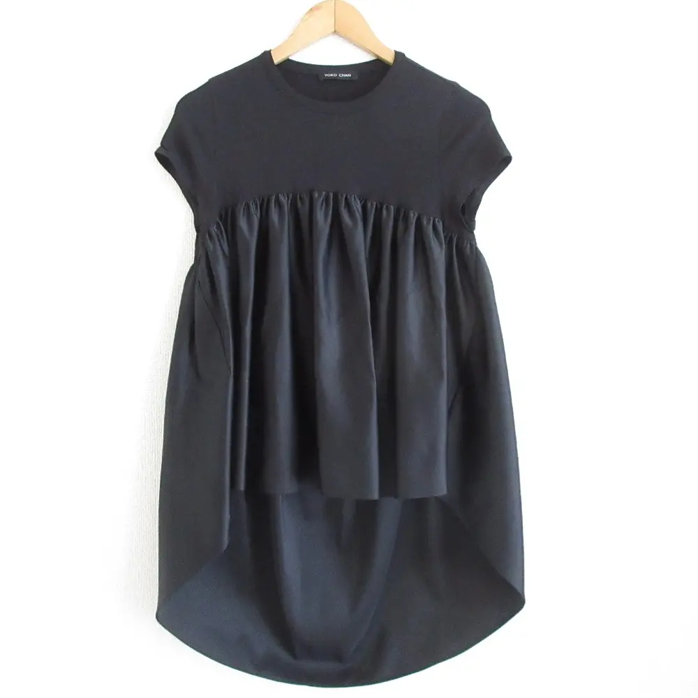 YOKOCHAN ヨーコチャン 異素材 ドッキング フレンチスリーブ ギャザーカットソー ブラウス 40 ブラック